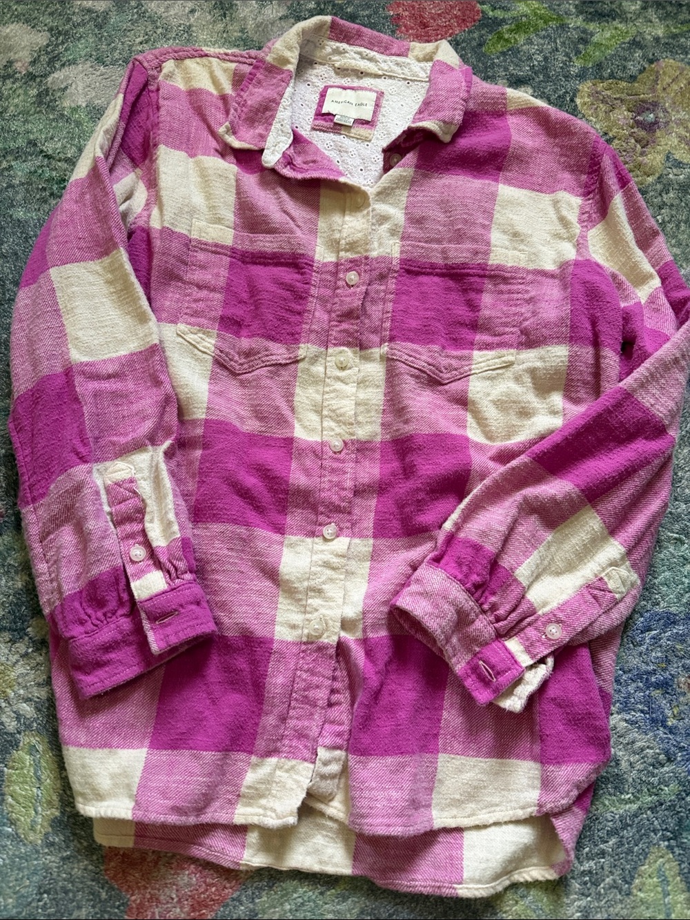 AE Pink & Cream Buffalo Plaid Button-Up Flannel Shirt